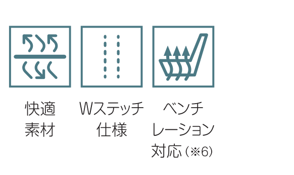 快適素材 / Wステッチ仕様 / ベンチレーション対応(※6)