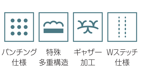 パンチング仕様 / 特殊多重構造 / ギャザー加工 / Wステッチ仕様