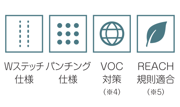Wステッチ仕様 / パンチング仕様 / VOC対策(※4) / REACH規則適合(※5)