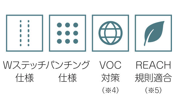 Wステッチ仕様 / パンチング仕様 / VOC対策(※4) / REACH規則適合(※5)